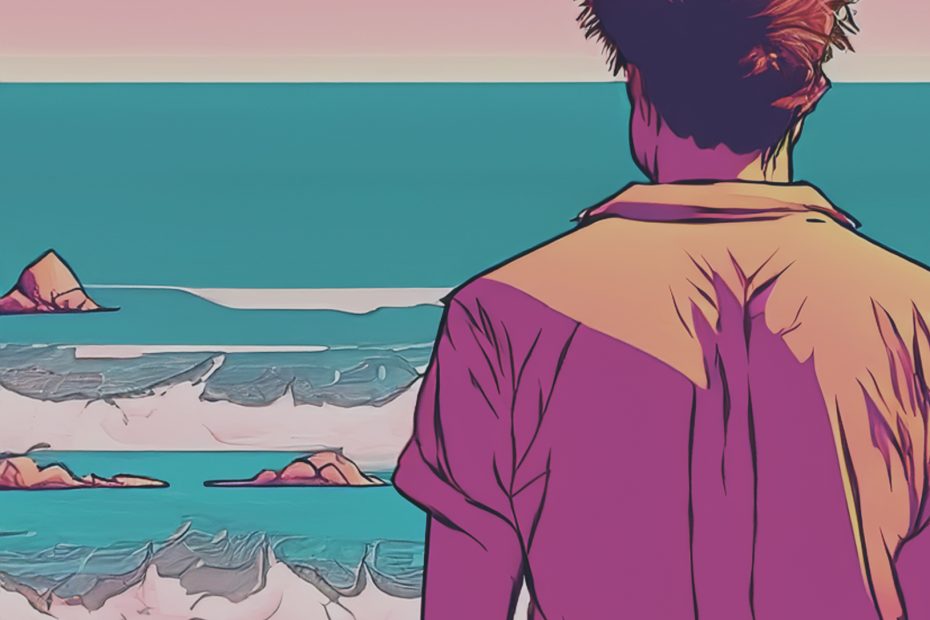 Un giovane uomo, visto di spalle, osserva l'oceano in una giornata ventosa