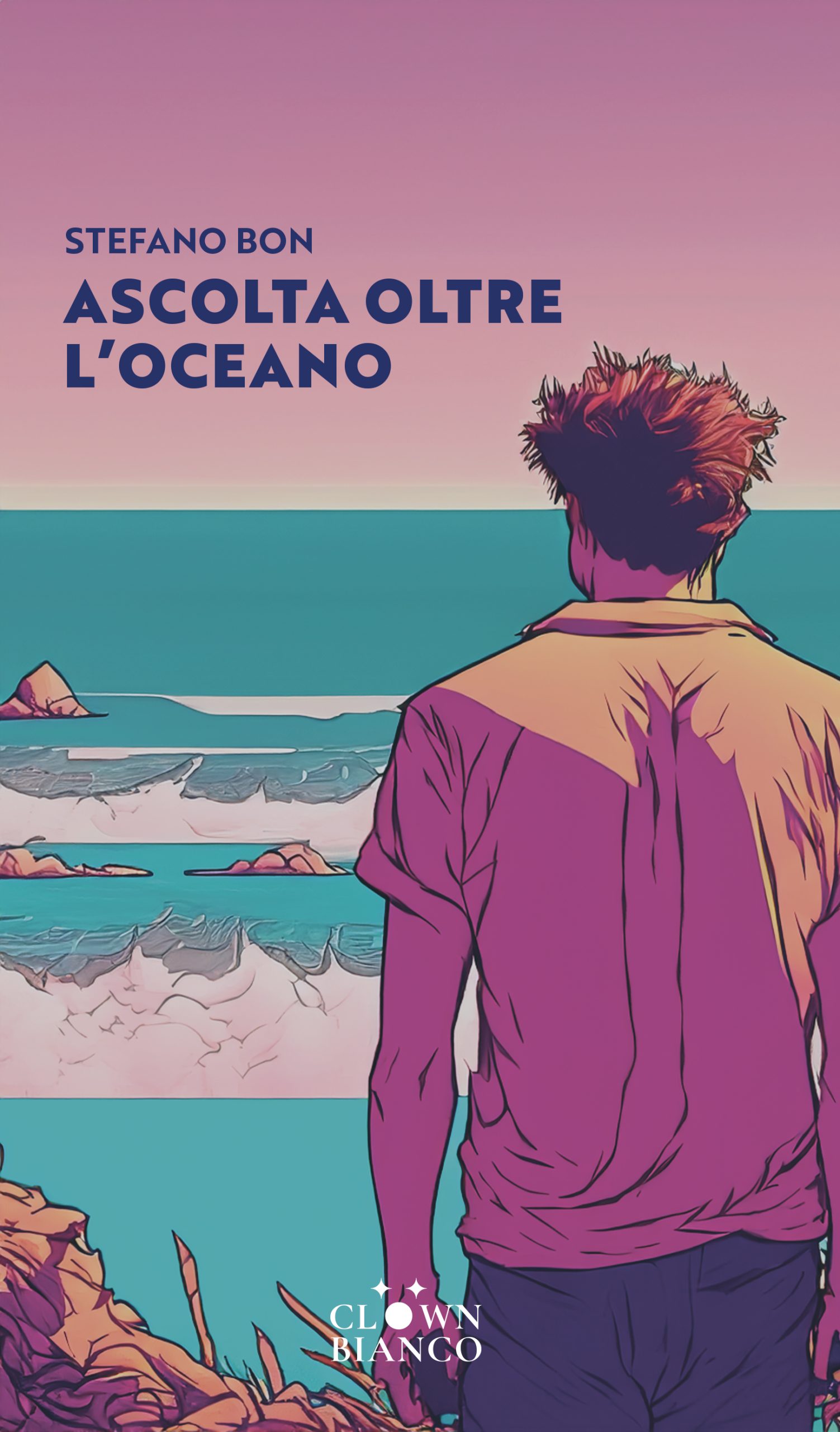 Un giovane uomo, visto di spalle, osserva l'oceano in una giornata ventosa
