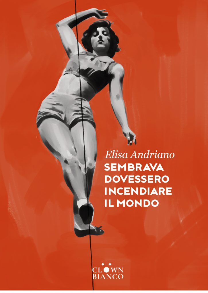 Una funambola sul filo, su sfondo rosso