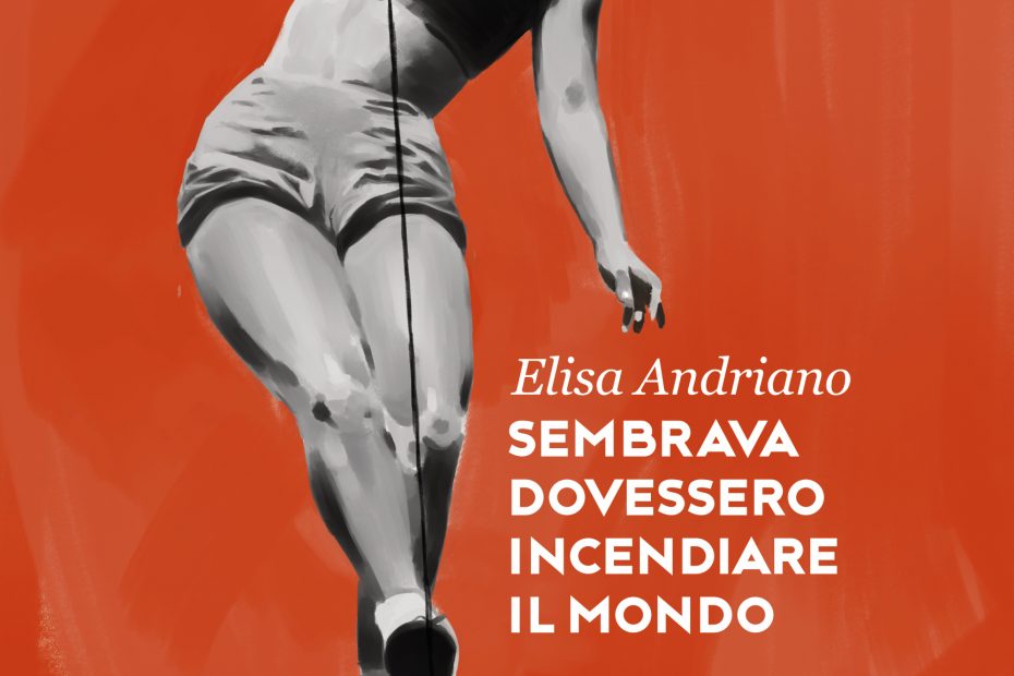 Una funambola sul filo, su sfondo rosso