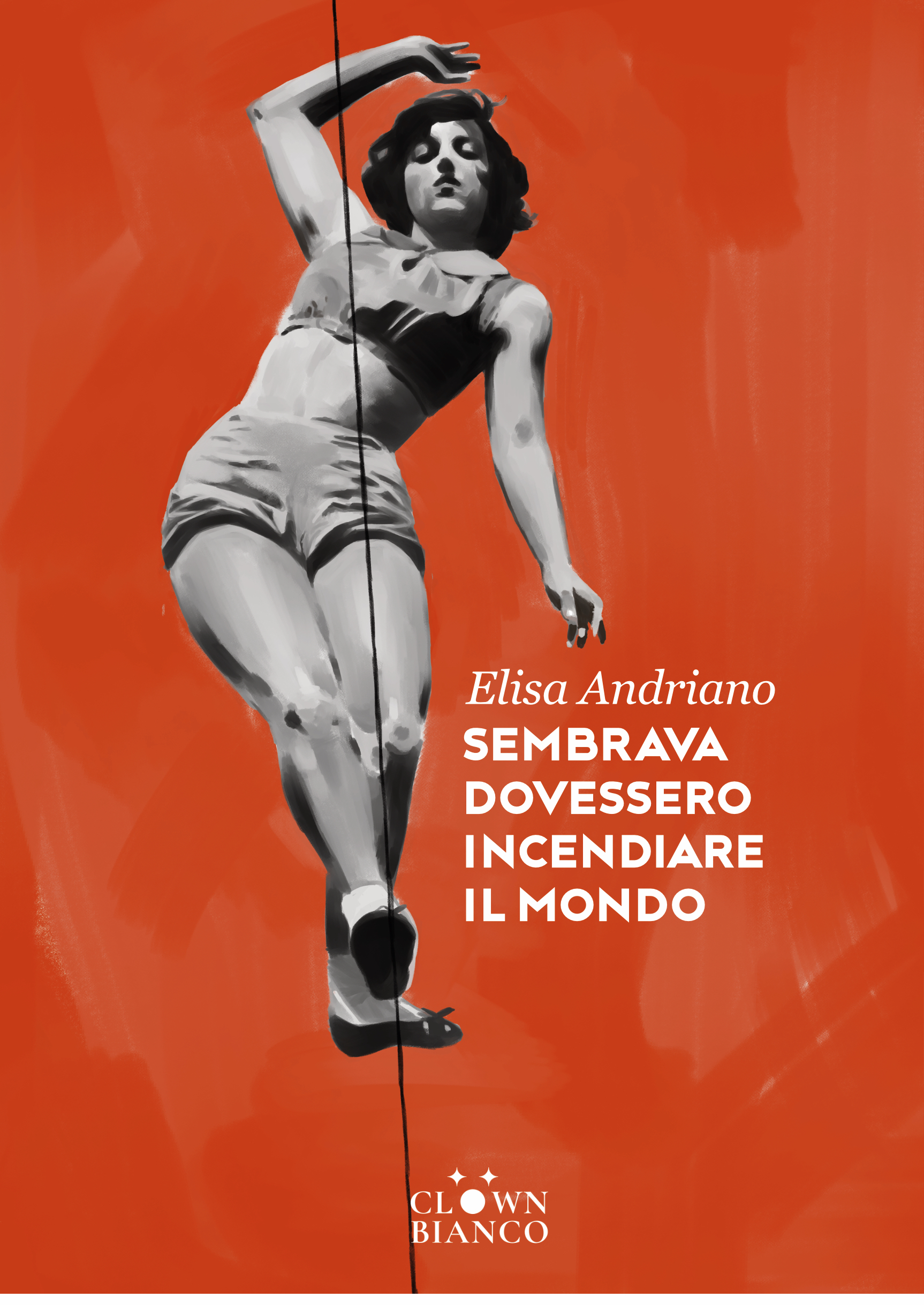 Una funambola sul filo, su sfondo rosso